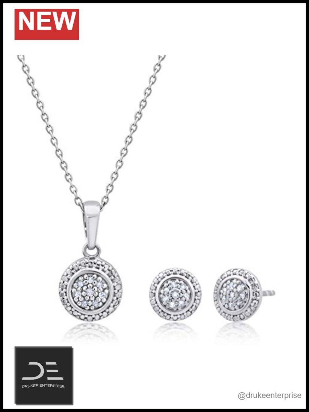Sterling Silver Diamond Halo Pendant Necklace & Stud Earrings Set | Natural